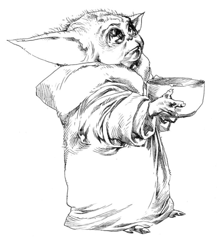 Baby Yoda and Soup Bowl Coloring Page