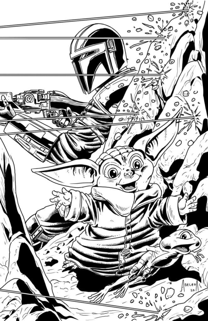 Baby Yoda Catching Frog Coloring Page