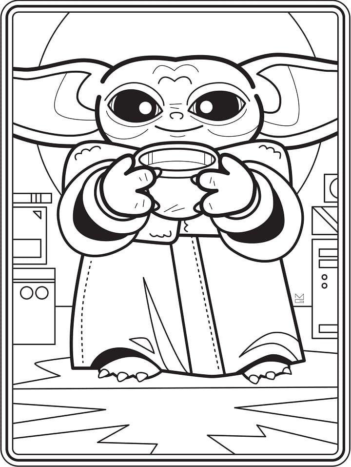 baby yoda smiling coloring page