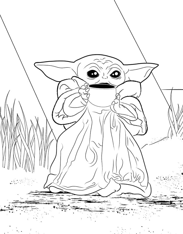 Baby Yoda with Cup of Broth Coloring Page