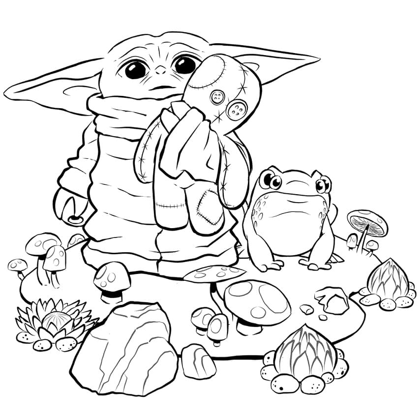 Baby Yoda with Toys and Frog Coloring Page