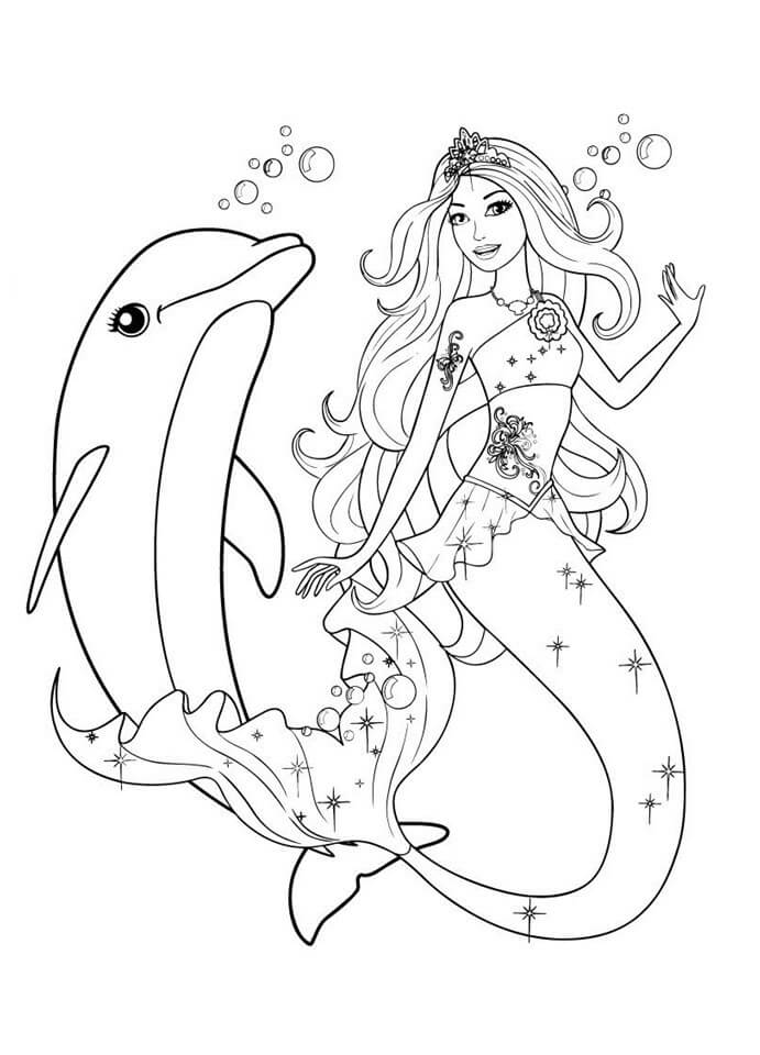 Barbie Mermaid and Dolphin Coloring Page