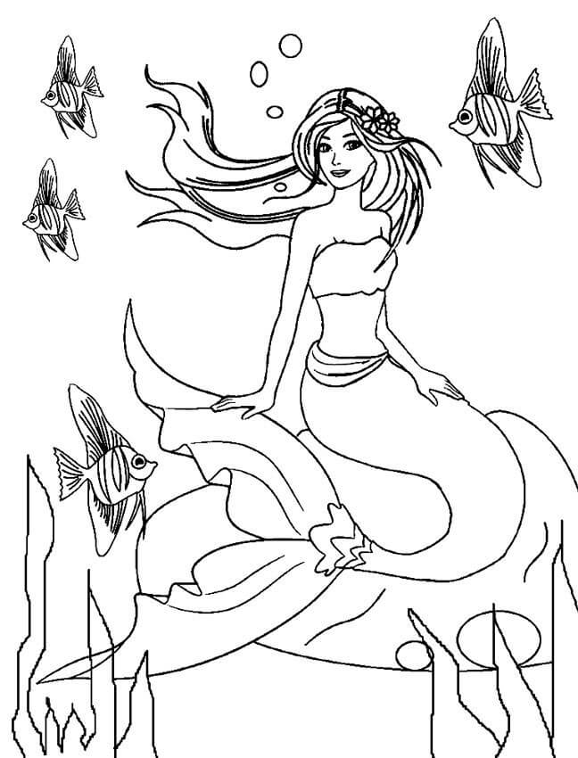 Barbie Mermaid and Fishes Coloring Page