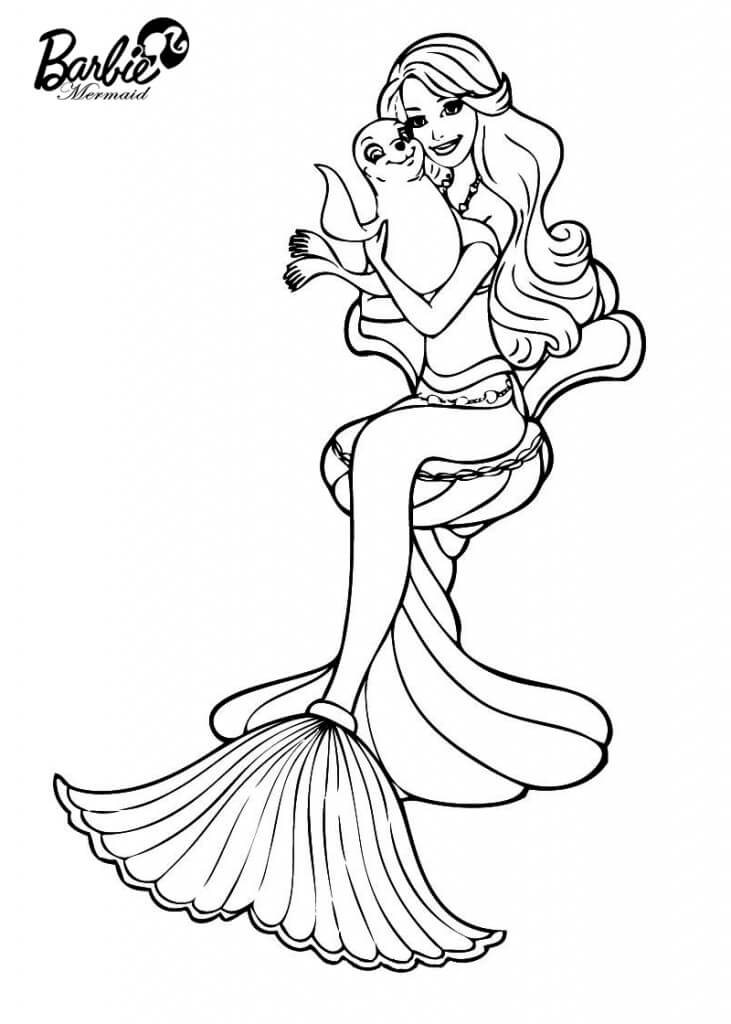 Barbie Mermaid and Seal Coloring Page