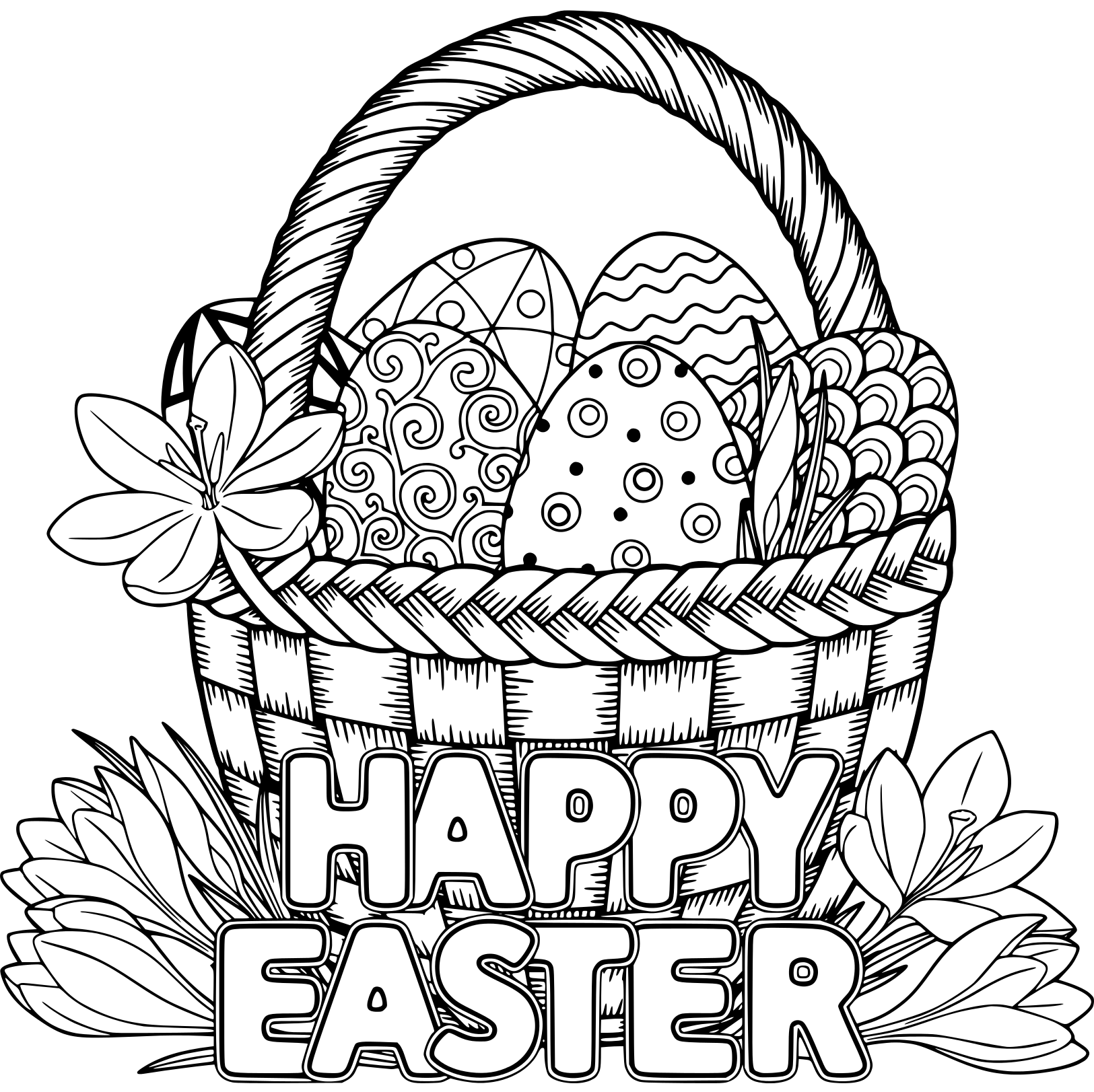 Basket Egg Adult Happy Easter Coloring Page