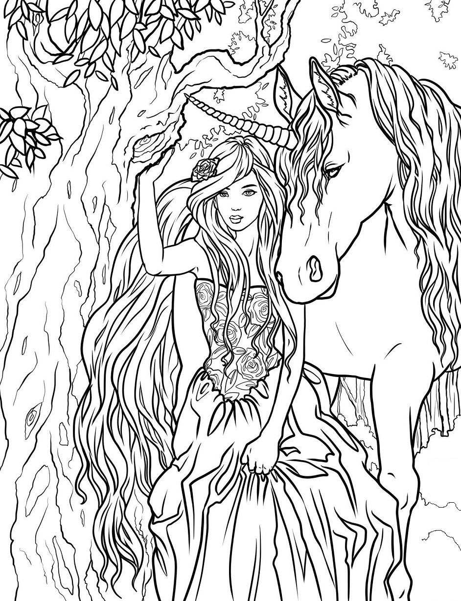 Beautiful Lady AndBeautiful-Lady-And-UnicornUnicorn Coloring Page