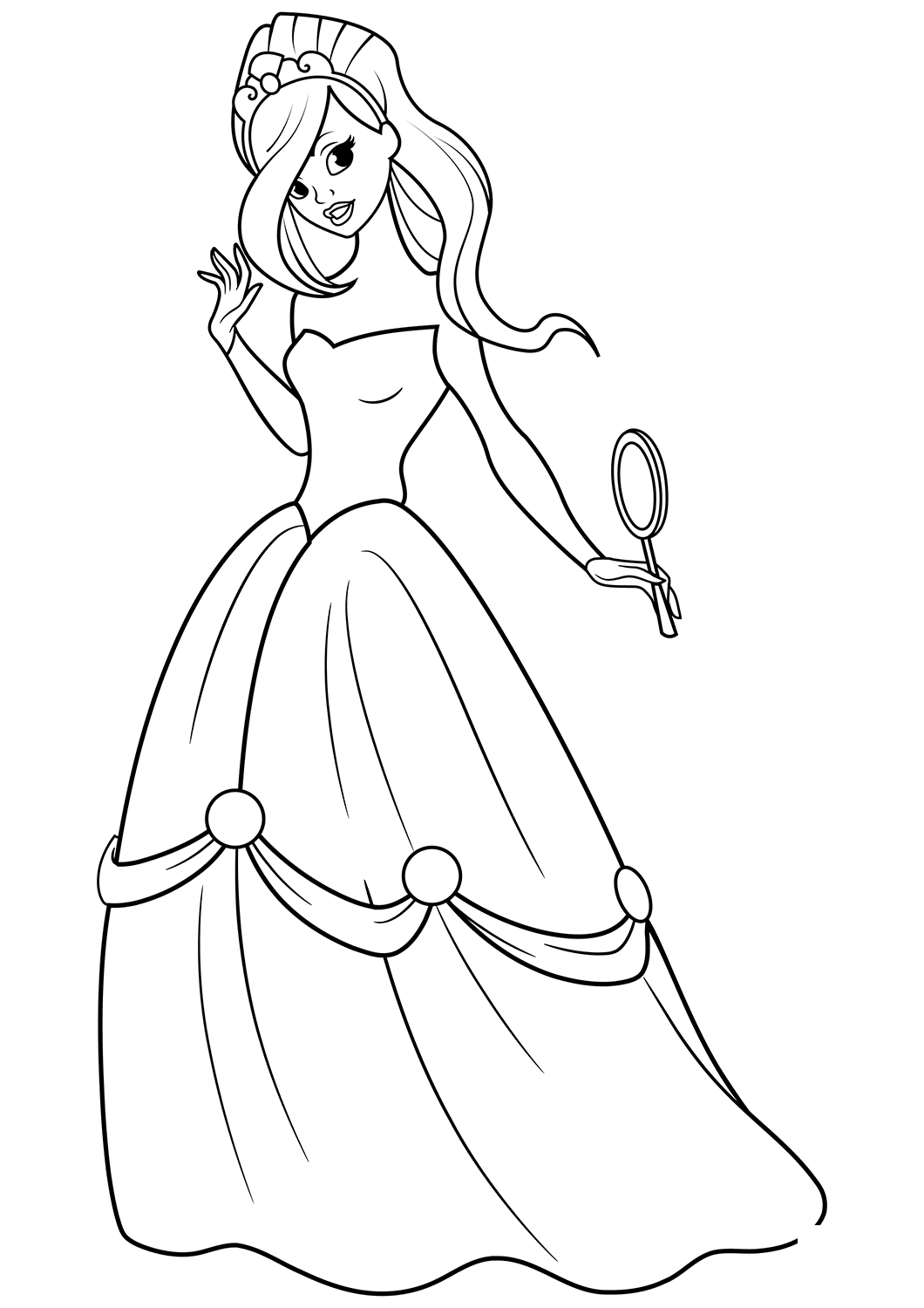 Beautiful Princess With Mirror In Her Hand Coloring Page