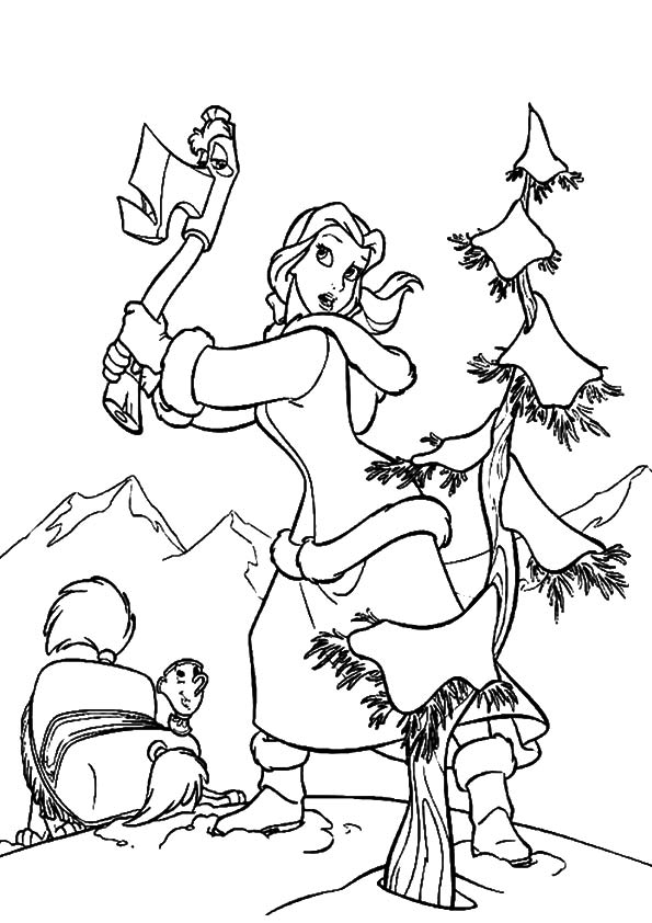 Belle Cutting The Christmas Tree Coloring Page