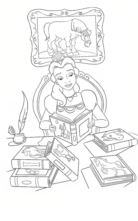 Belle Reading Books Disney Princess Coloring Page
