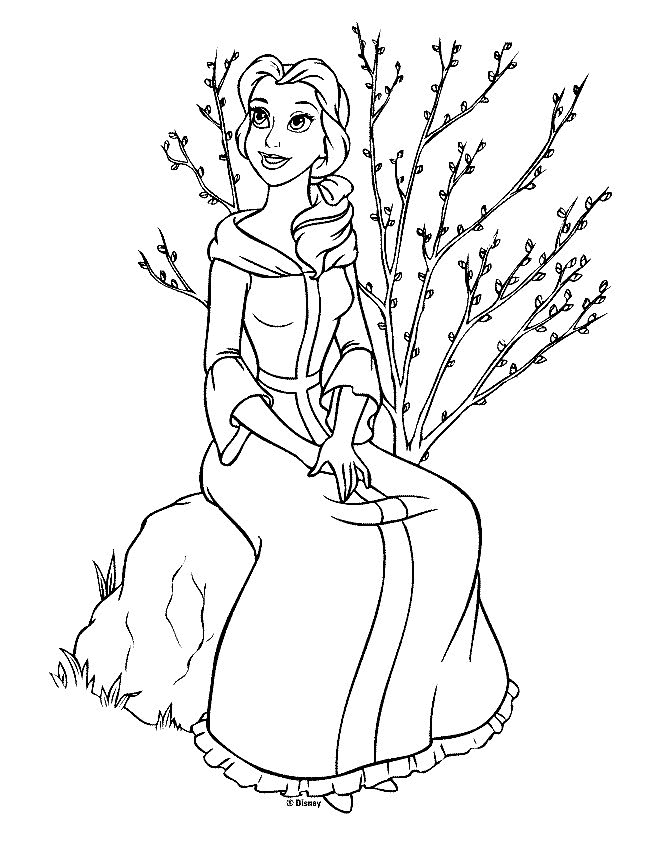 Belle Sitting On Stone B289 Beauty And Beast Disney Coloring Page