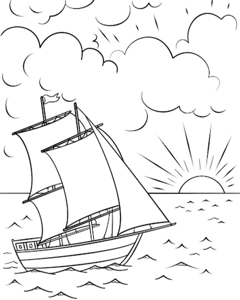 Boat and Sunset Coloring Page