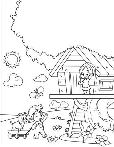 Boy And Girl With Tree House Coloring Page