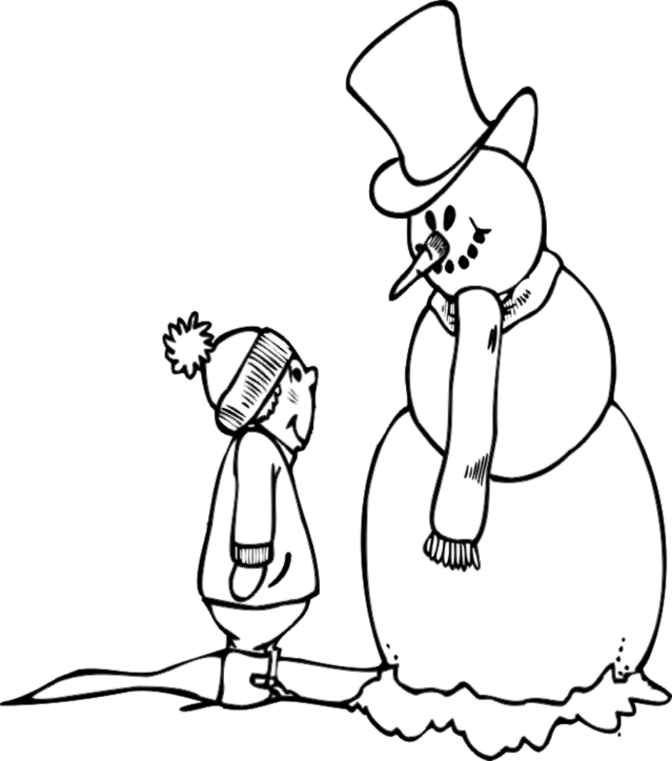 Boy And Snowman Winter Coloring Page