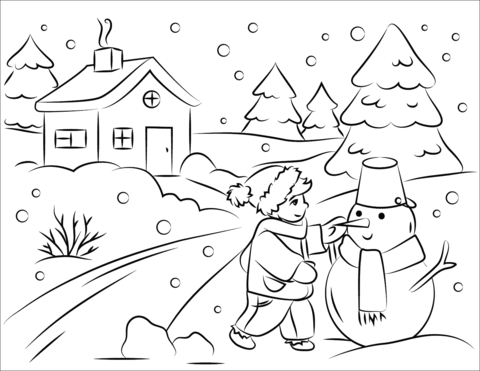 Boy Building Snowman Coloring Page