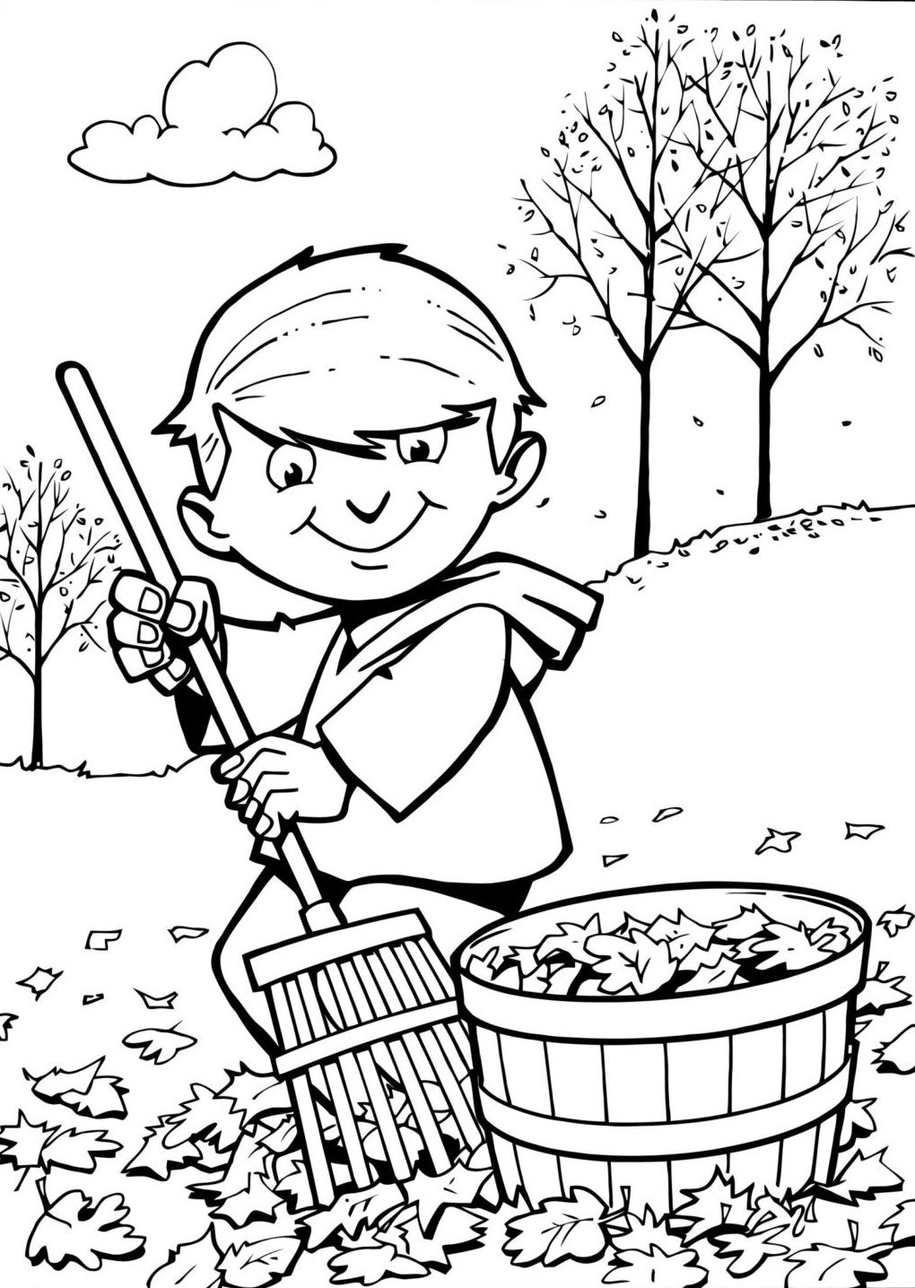Boy Rake Pick Up The Leaves Coloring Page