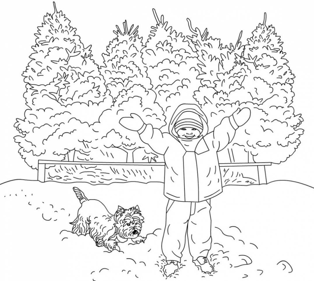 Boy with Winter Scene Coloring Page