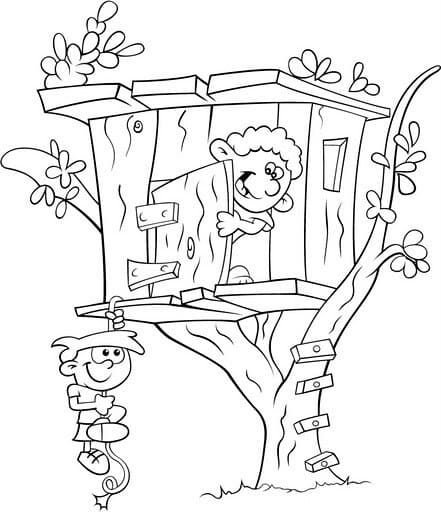 Boys and Treehouse Coloring Page
