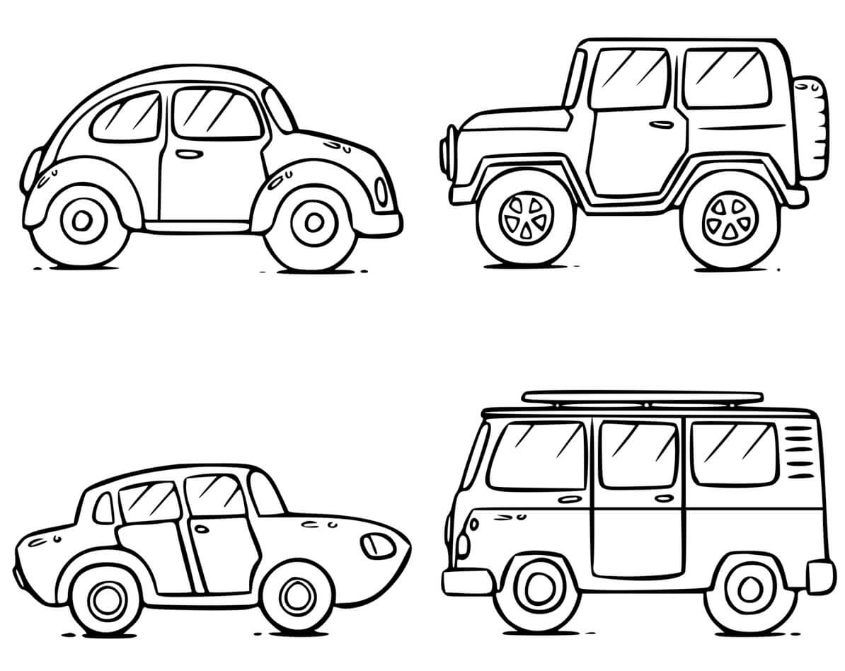 Car Beetle Car Jeep 4×4 Racing Car And Microbus Volkswagen Coloring Page
