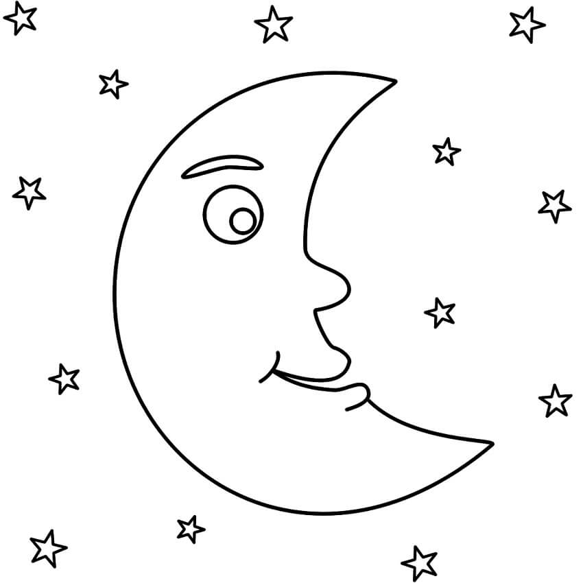 Cartoon Crescent Moon with Stars Coloring Page