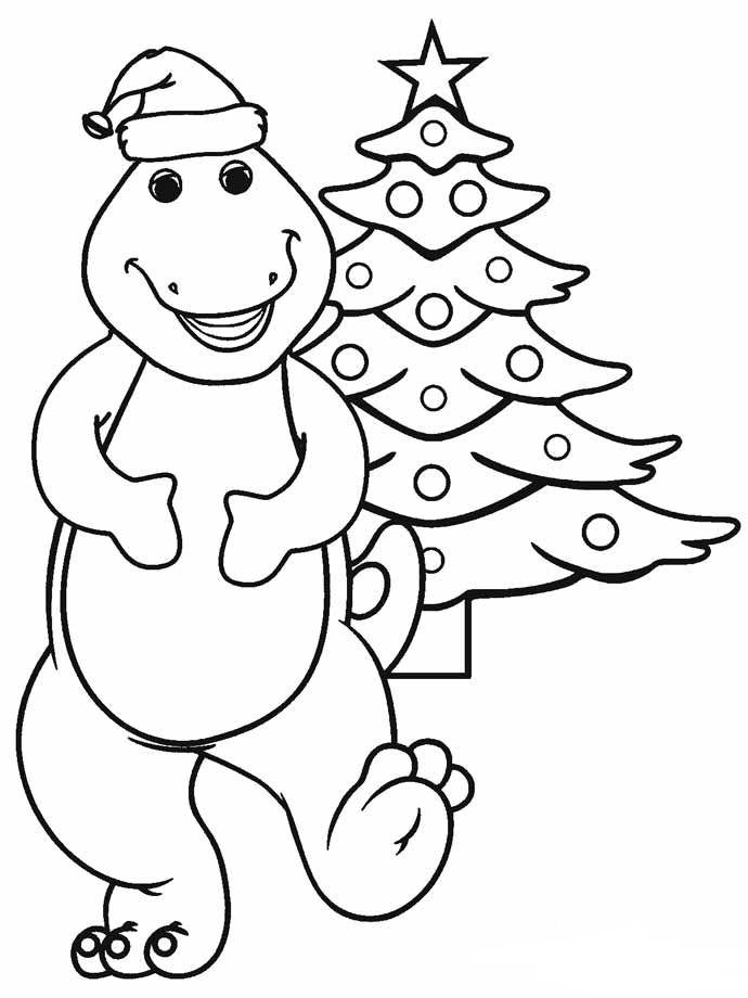 Cartoon Dinosaur With Christmas Tree Coloring Page