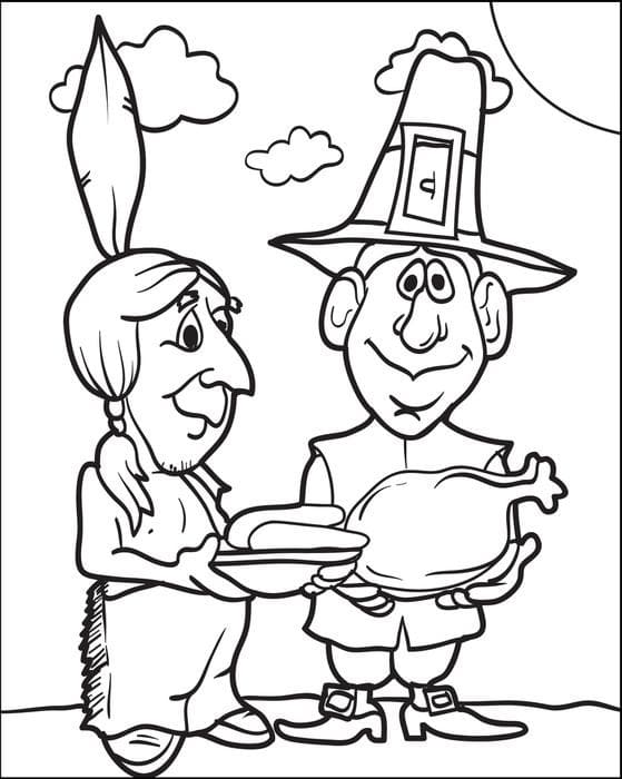 Cartoon Pilgrim and Indian Coloring Page