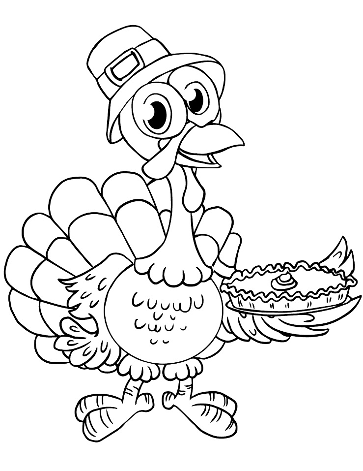 Cartoon Turkey with Pie Coloring Page