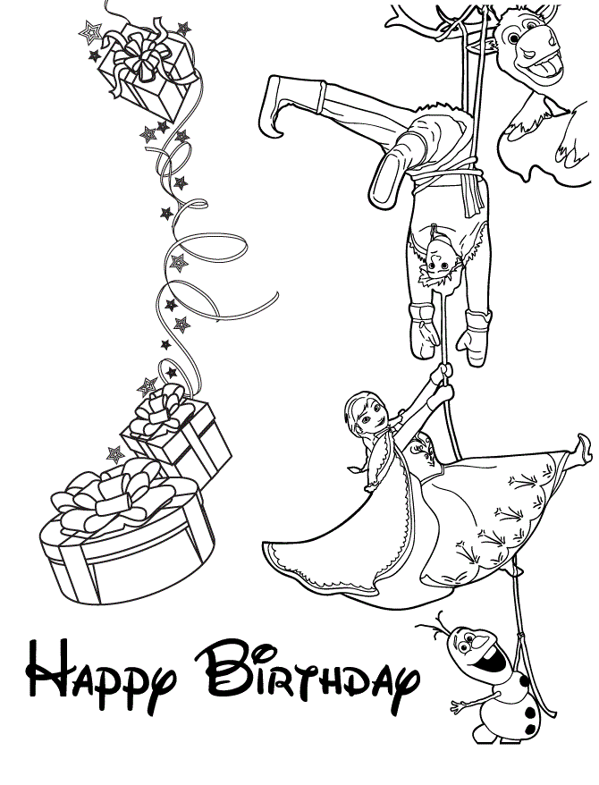 Cast From Frozen Wishes You Happy Birthday Colouring Page