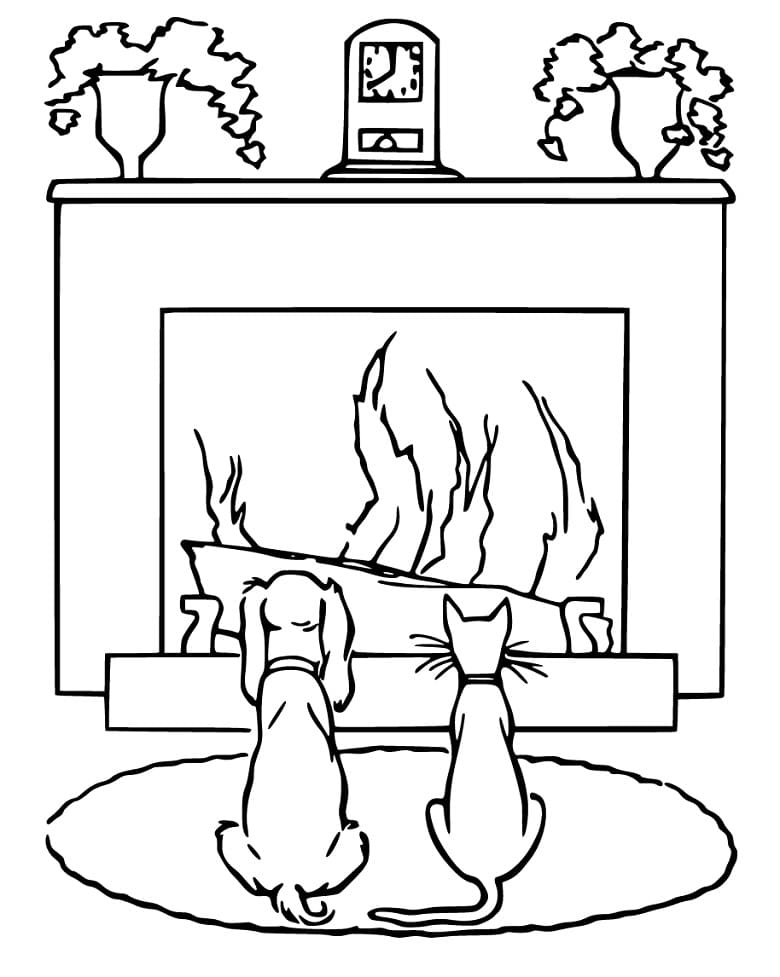 Cat, Dog and Fireplace Coloring Page