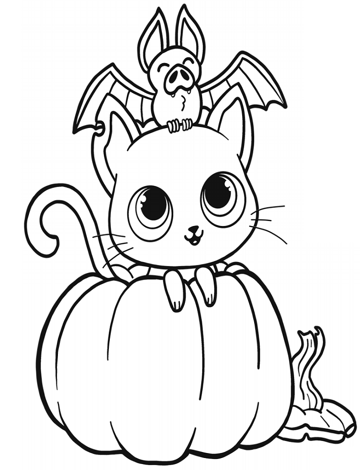 Cat And Bat On Pumpkin Coloring Page