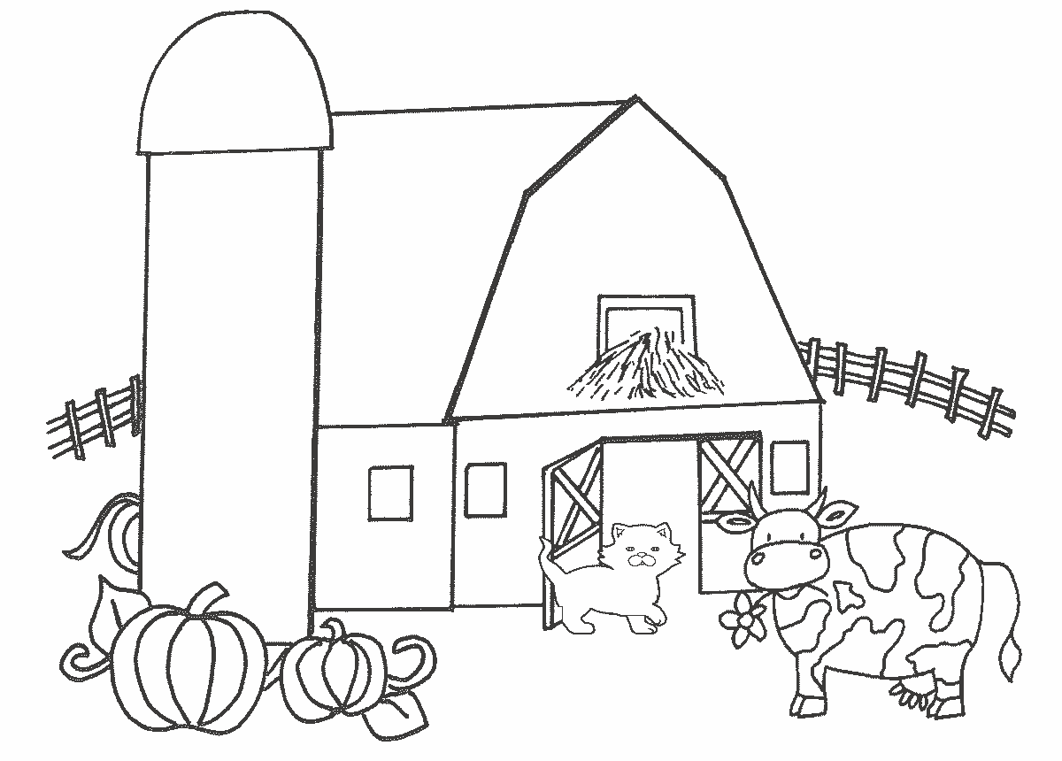 Cat and Cow in a Farm Coloring Page