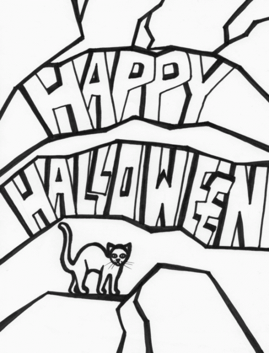 Cat And Happy Halloween For Kids To Print Coloring Page