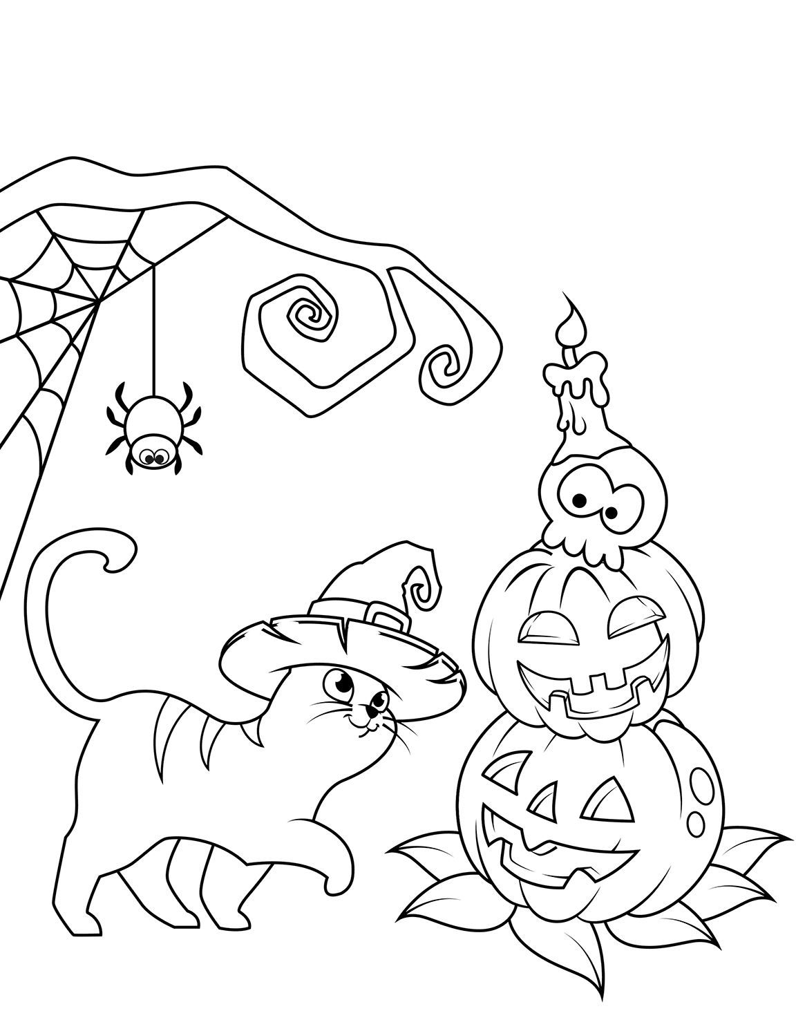 Cat And Jack O Lanterns Halloween Coloring Page
