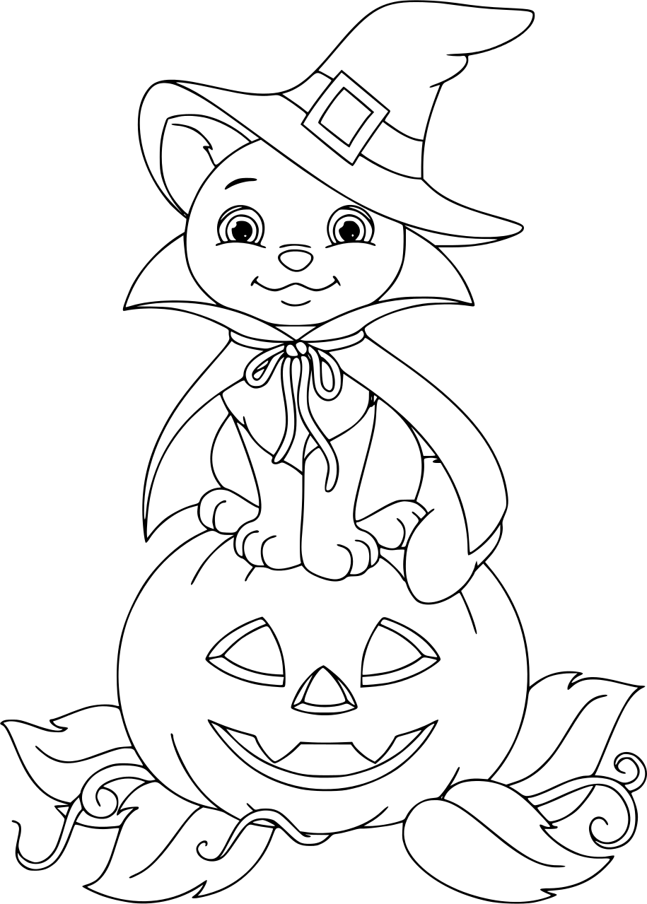 Cat On Pumpkin Halloween Coloring Page
