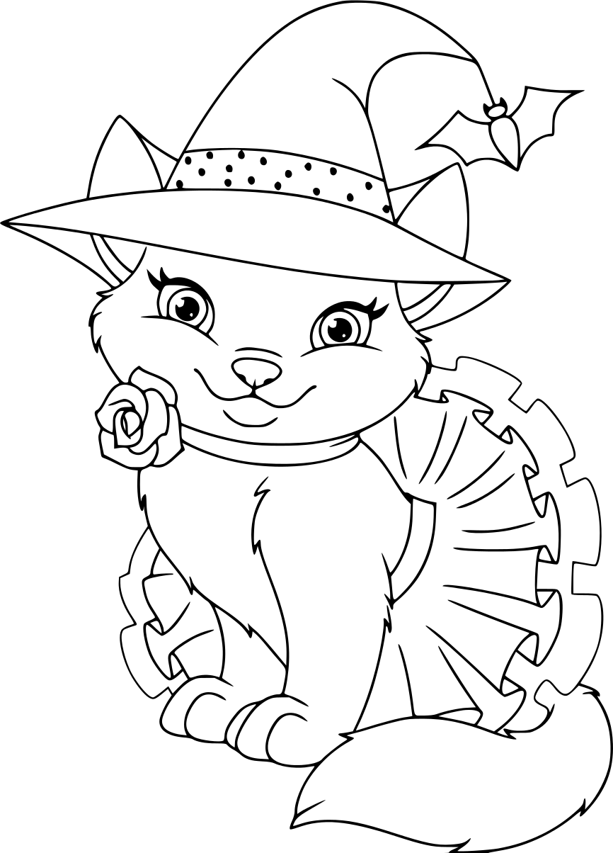 Cat Witch Halloween Coloring Page