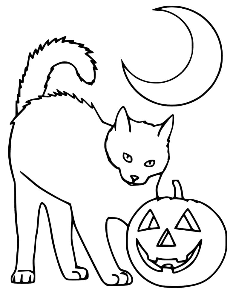 Cat with Pumpkin and Moon Coloring Page