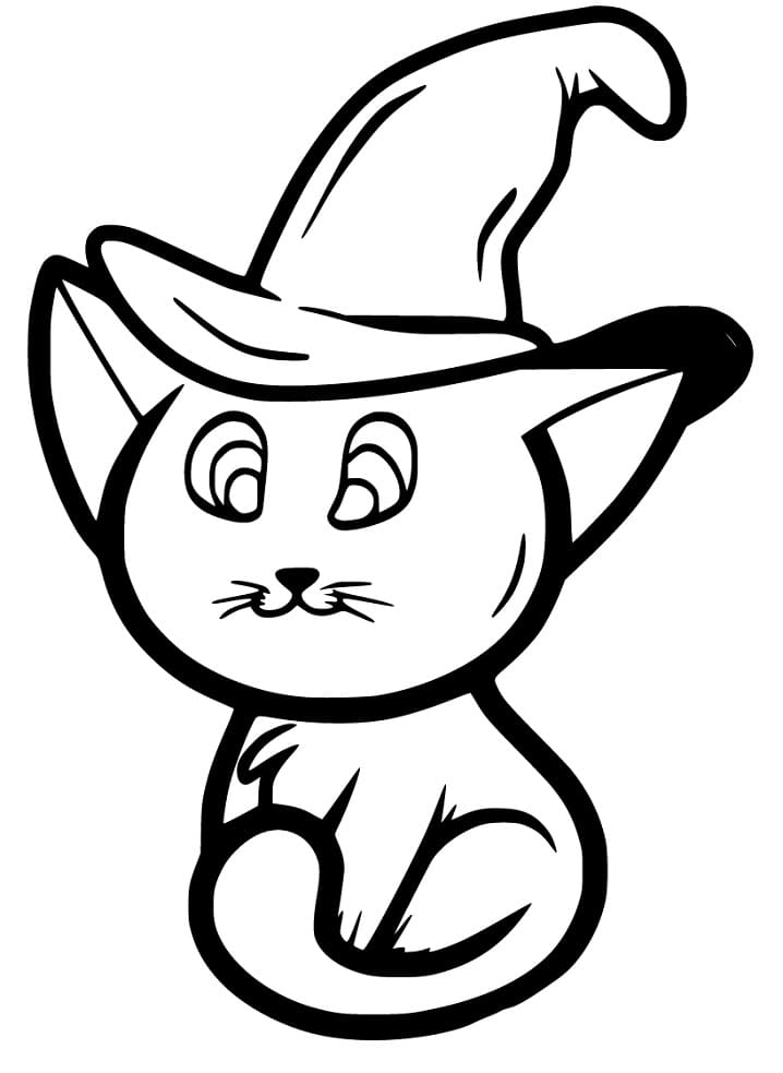 Cat with Witch Hat Coloring Page