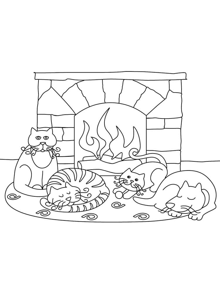 Cats and Fireplace Coloring Page