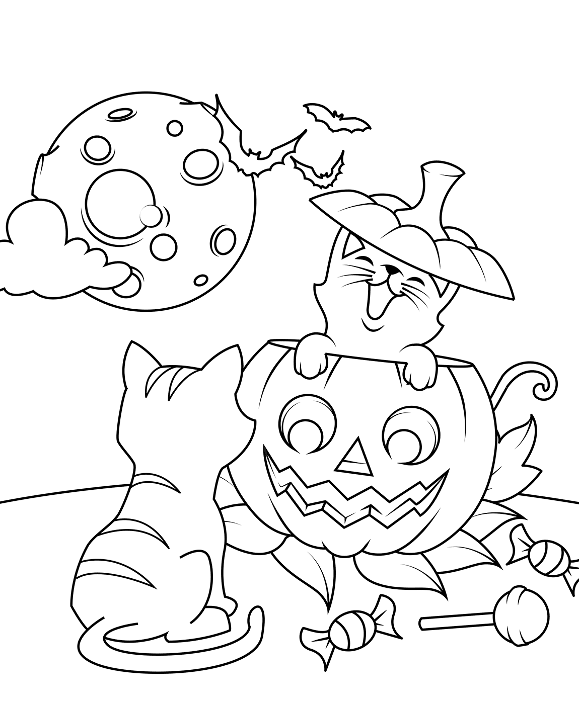 Cats And Jack O Lantern Halloween Coloring Page