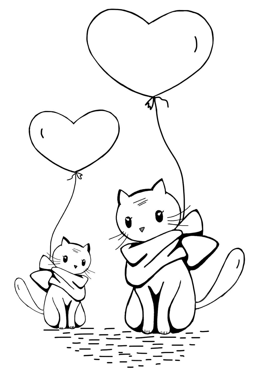 Cats With Heart Balloons Coloring Page