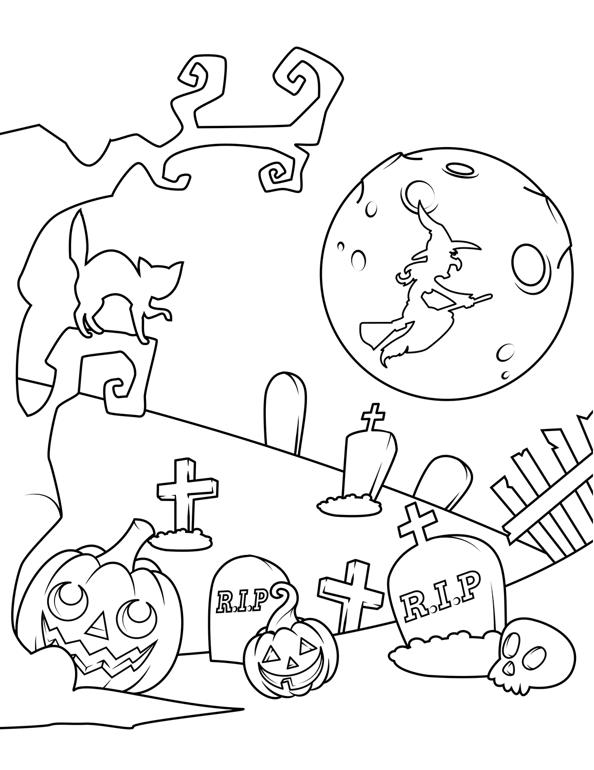Cemetery With Jack O Lanterns Halloween Coloring Page