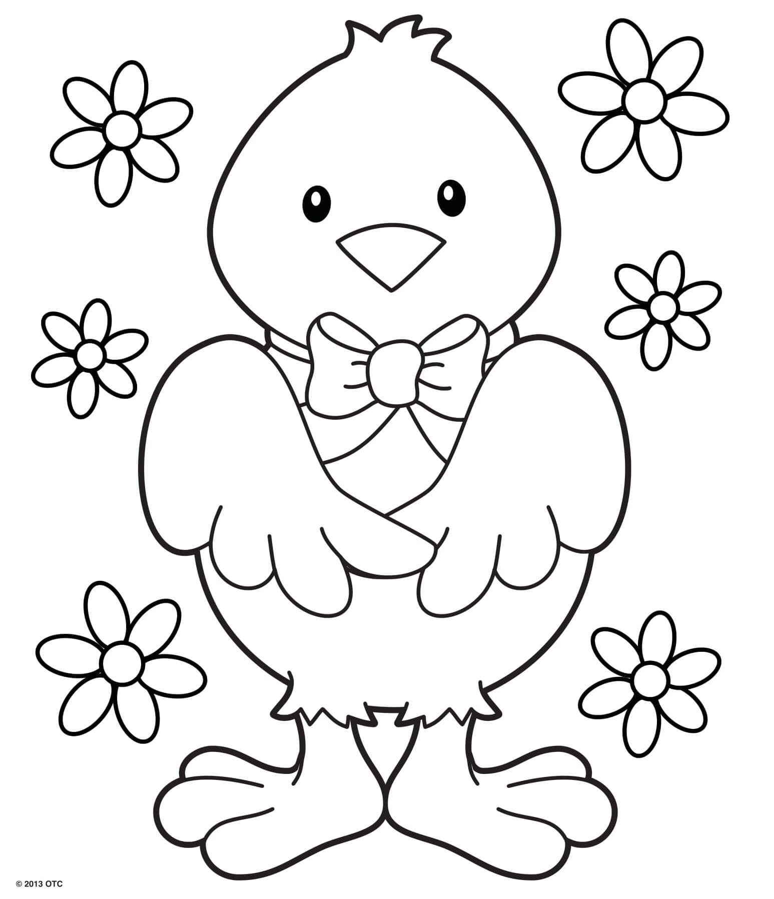 Chick With A Ribbon And Pretty Flowers Coloring Page