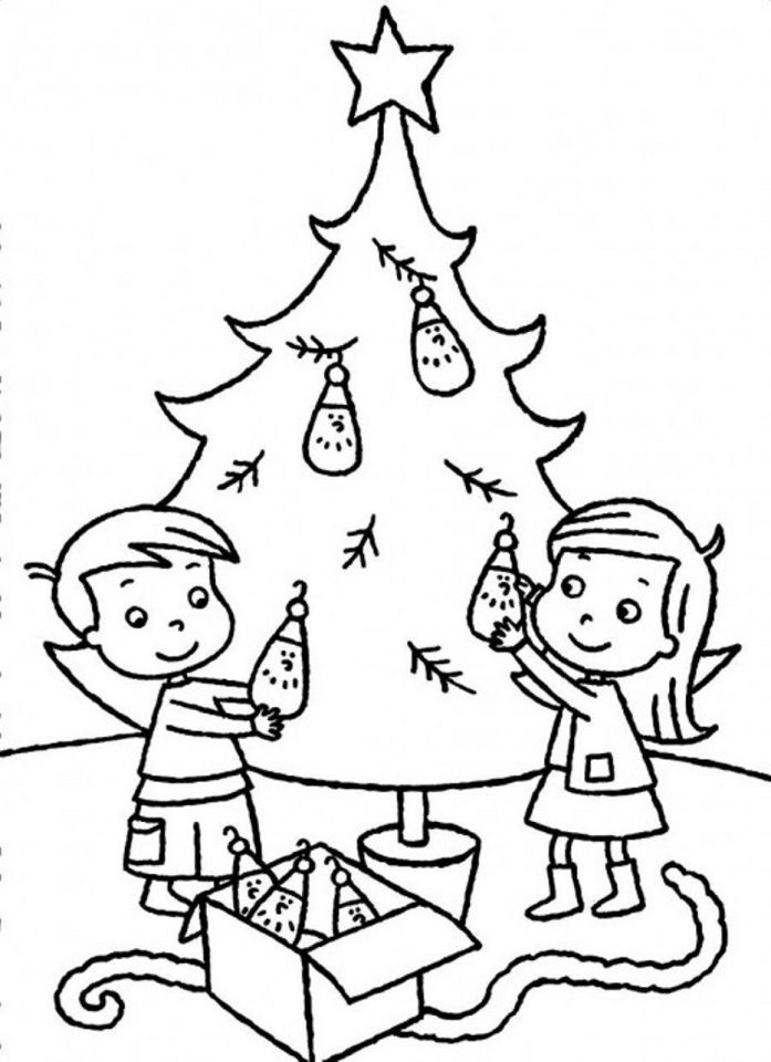 Children Decorating Tree Coloring Page
