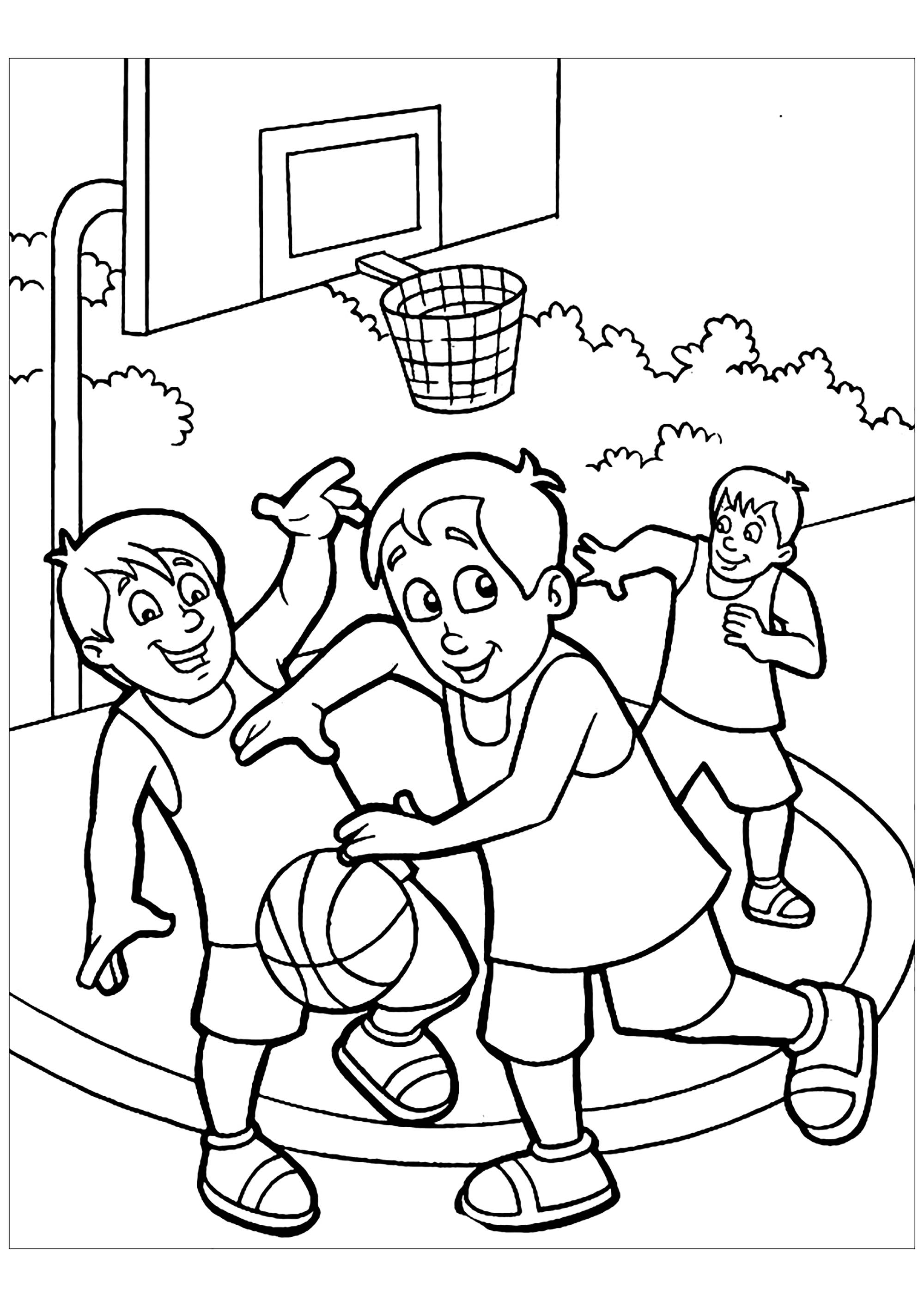 Children Playing Basketball Coloring Page