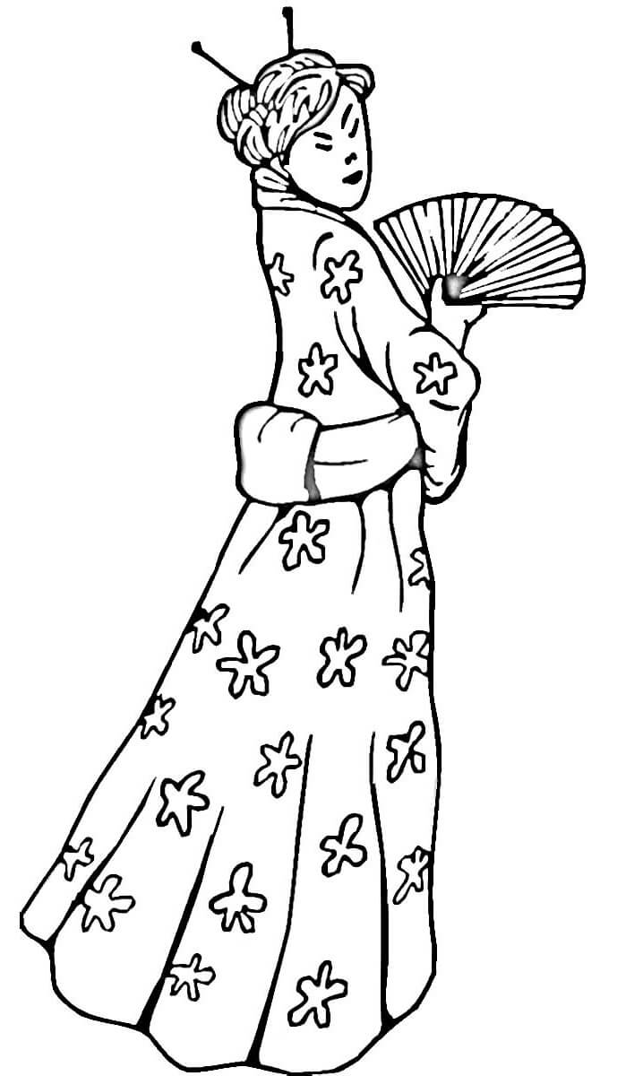 Chinese Woman in a traditional dress Coloring Page