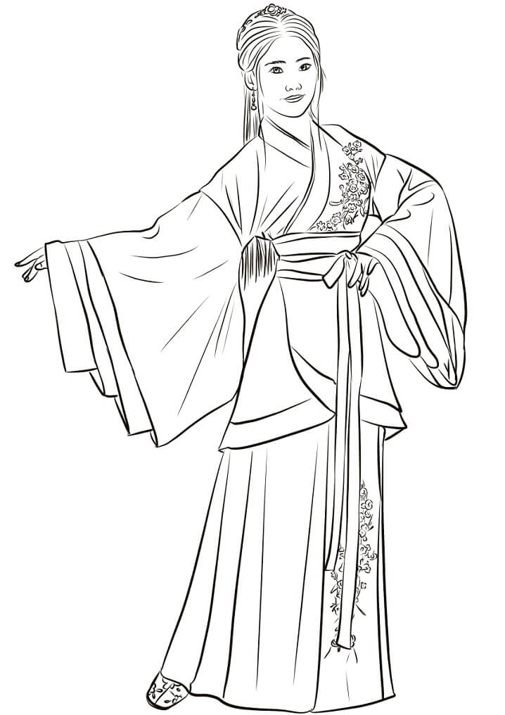 Chinese Woman in Hanfu Coloring Page