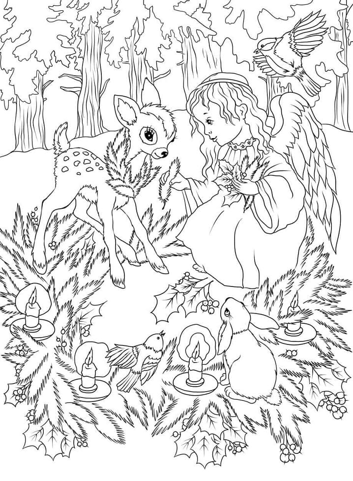 Christmas Angel with Animals Coloring Page
