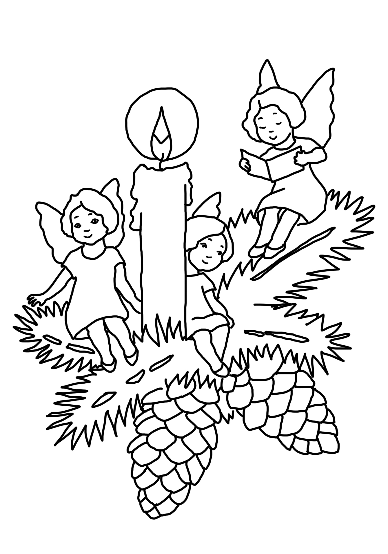 Christmas Candle And Angels Coloring Page