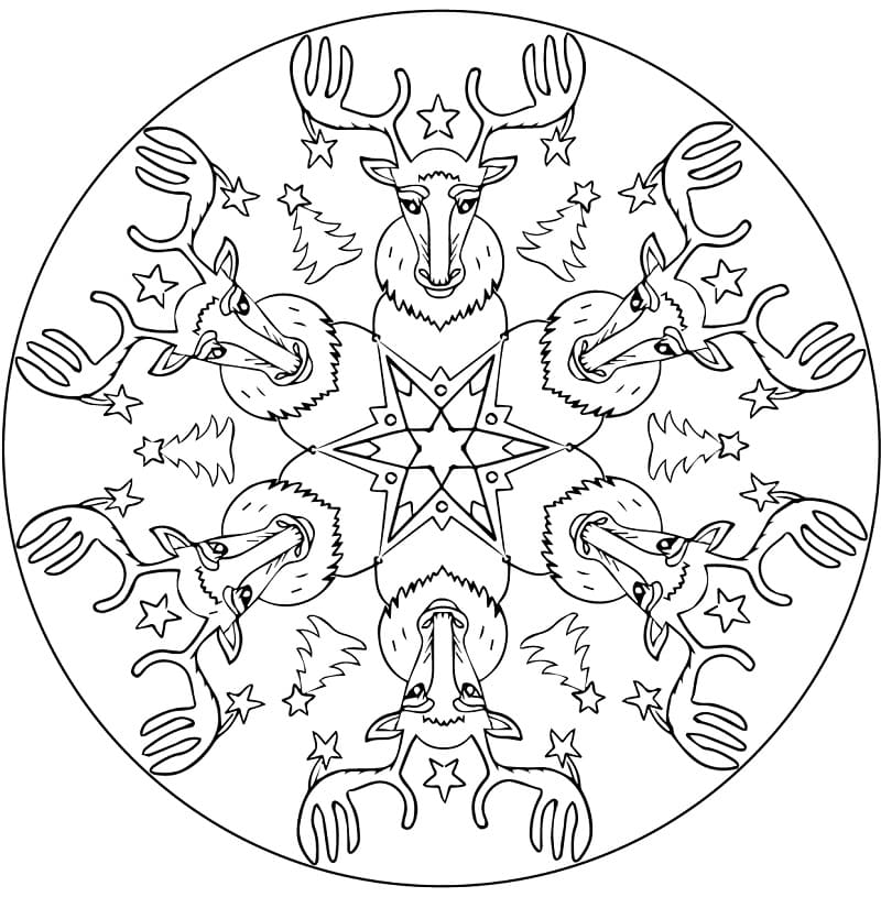 Christmas Mandala with Reindeers Coloring Page