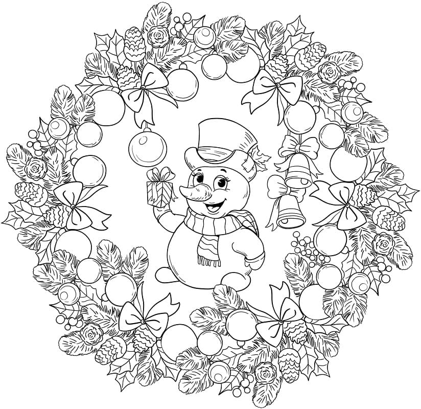 Christmas Mandala with Snowman Coloring Page