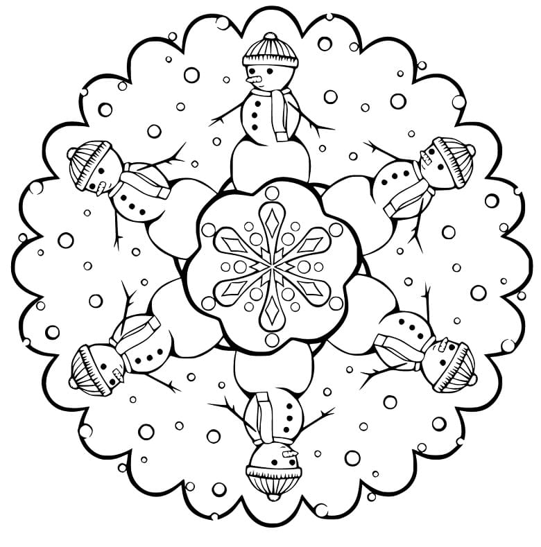 Christmas Mandala with Snowmen Coloring Page